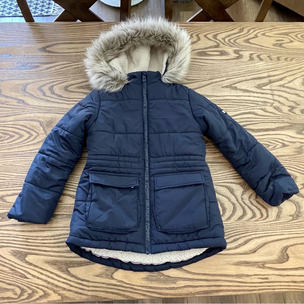 Little Girl Tommy Hilfiger Anorak Puffer Jacket With Faux Fur Hood Blue‎